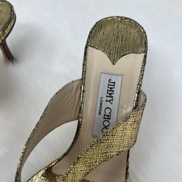 Jimmy Choo Gold Textured Leather Thong Wooden Heel Sandals Size 38 EU Y2K NYE - Picture 7 of 9